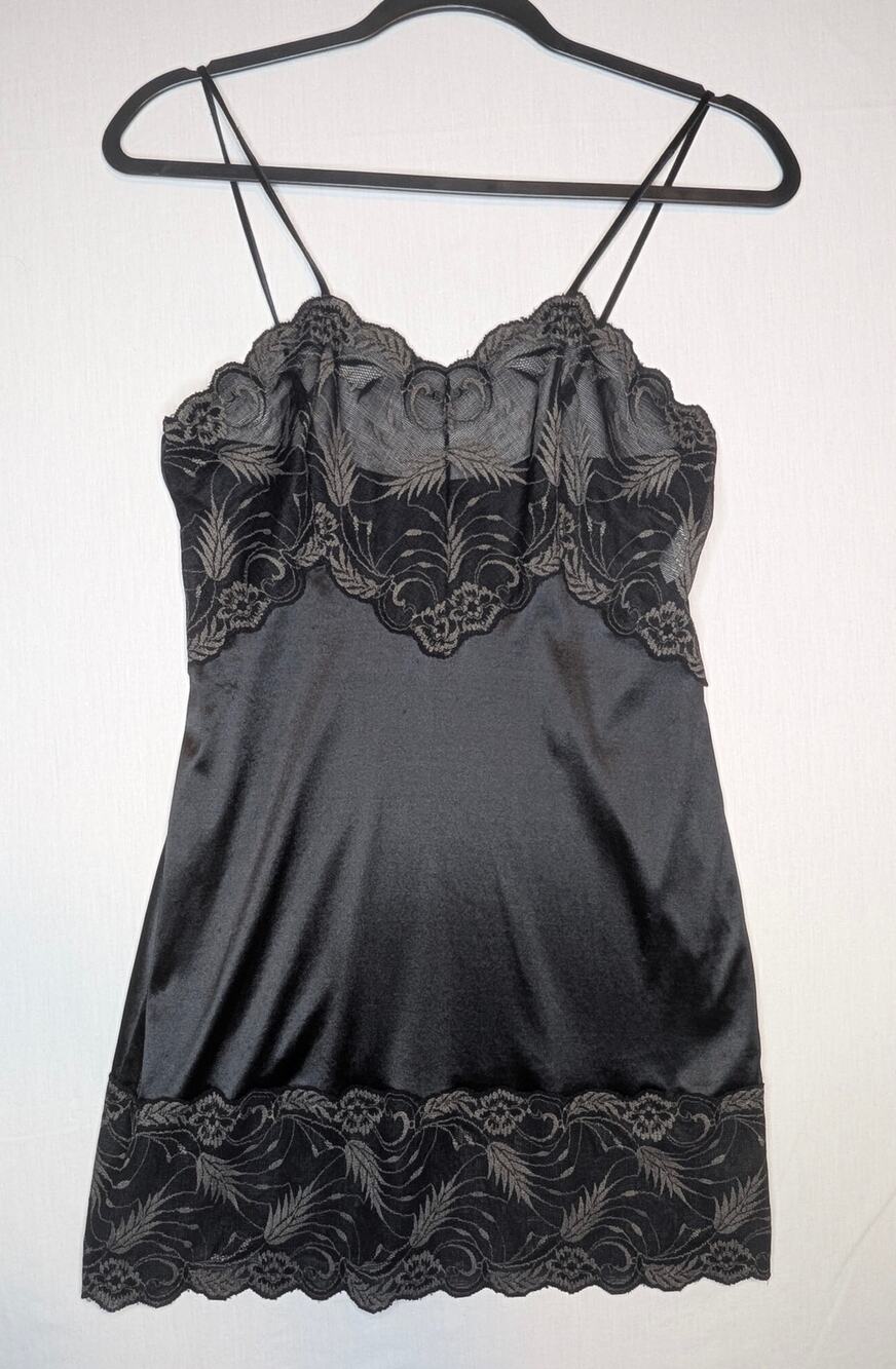 Vintage 80s LUCIE ANN II Black Satin Lace Trim Slip Dress Nightgown Size 36 USA